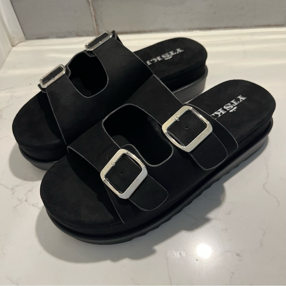 YTSKJ Black Faux Leather Chunky Platform Sandals 7